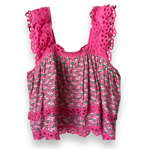 ANTHROPOLOGIE Let Me Be Layered Ruffle Tiered Pink Floral Eyelet Swing Top - Picture 8 of 17